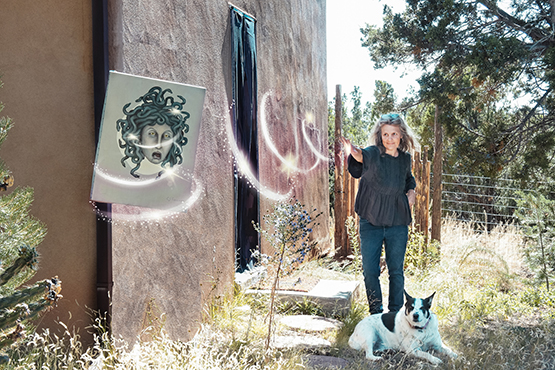 Ana Cortez beside CJ Freeman's painting of Medusa — the Two of Spades