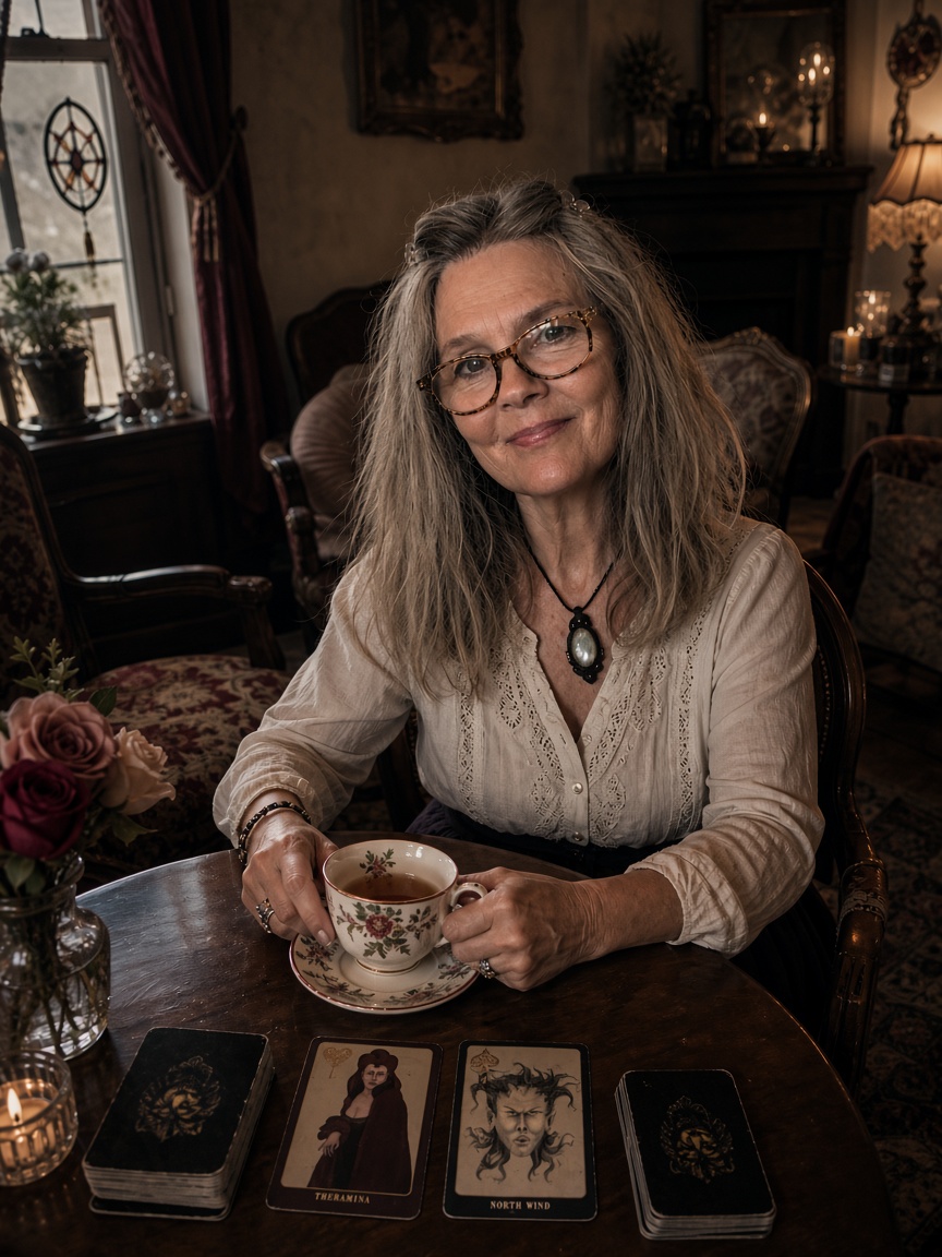 Ana Cortez at a table with tea and a spread of Playing Card Oracles cards