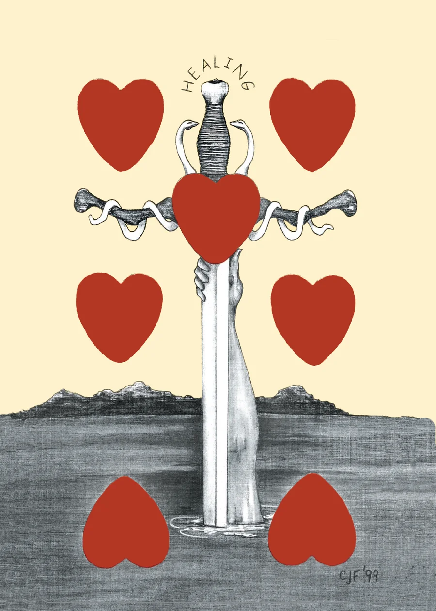 7 of Hearts — Sword of Healing from the Playing Card Oracles deck
