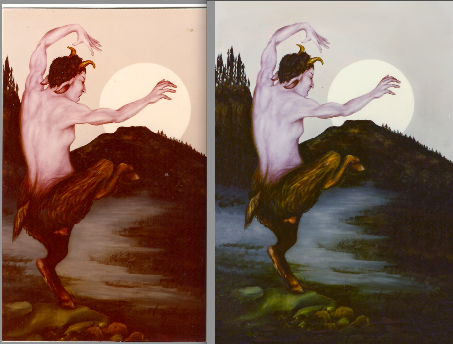 recreation of missing oracle painting for new deck, before and after.
