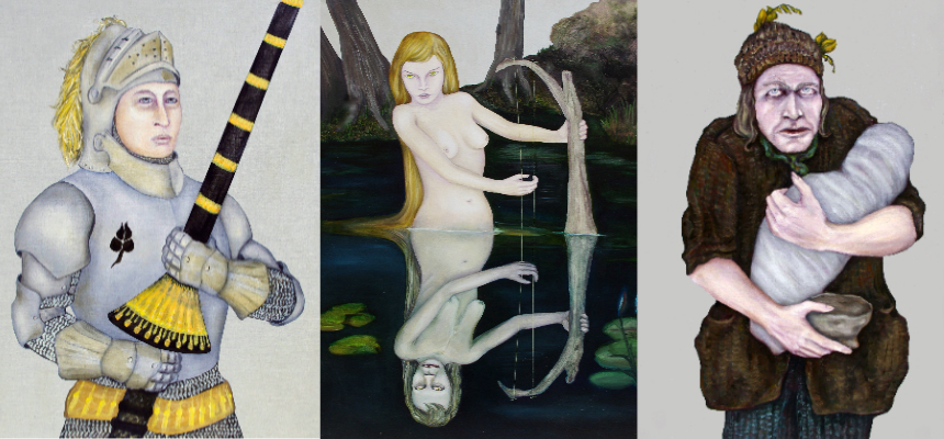 Left to right: Images for the 9 of Clubs, "Galahad," 5 of Hearts, "Fata Morgana," and the 3 of Spades, "The Beggar."